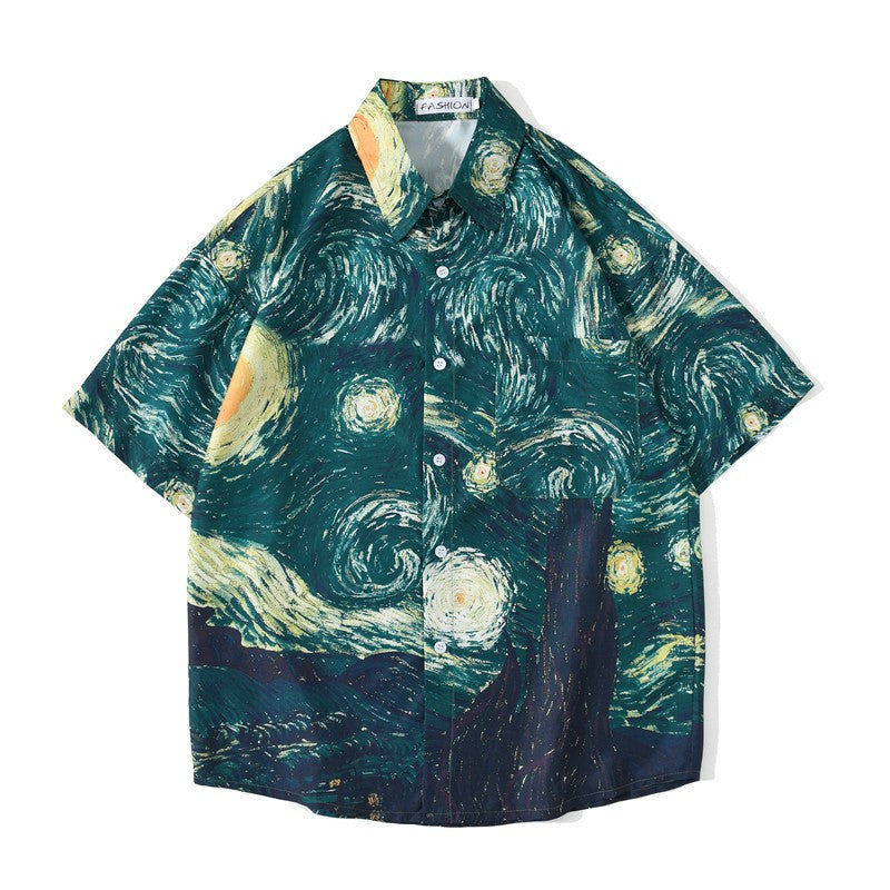 Retro Abstract Oil Painting Full Print Short Sleeve Shirt
