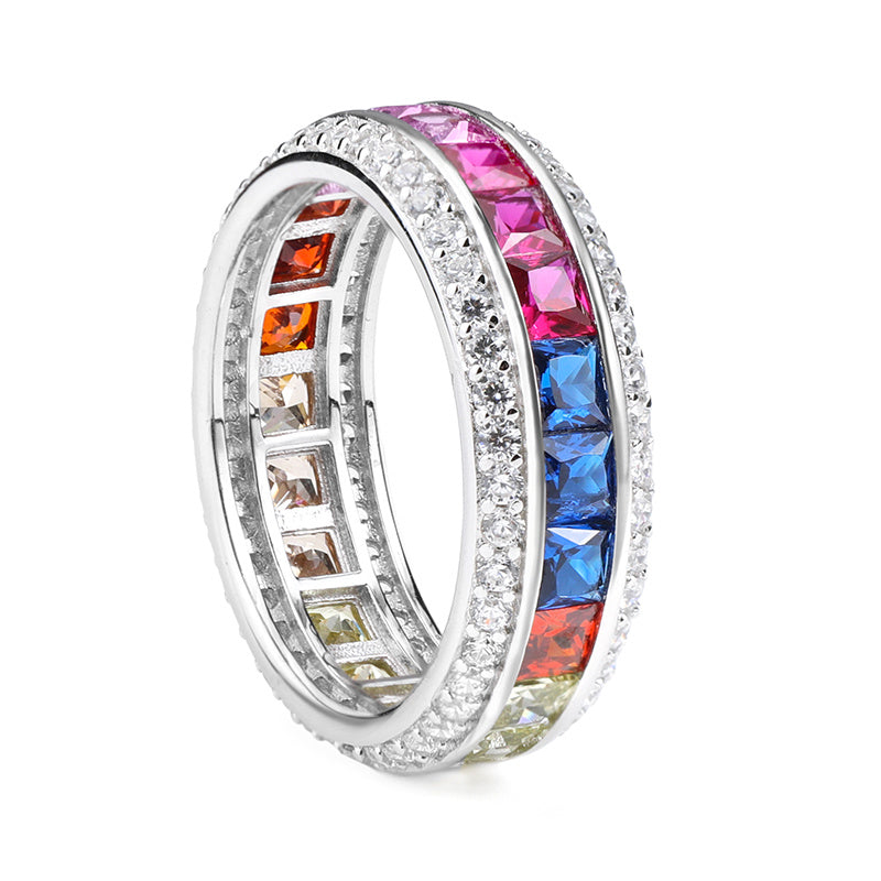 Sterling Silver Gradient Color Diamond Ring Hip Hop Fashion Food Ring For Men