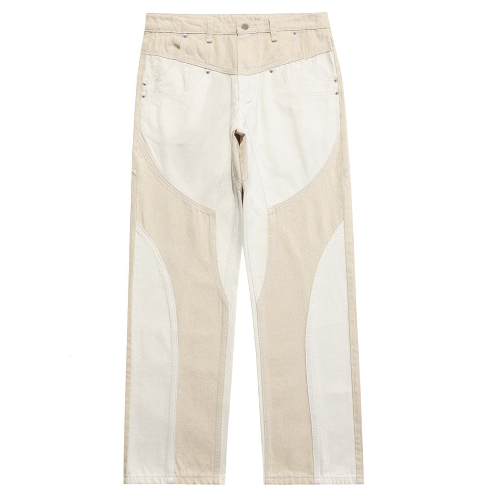 Men's Fashionable PU Leather Stitching Colorblock Jeans