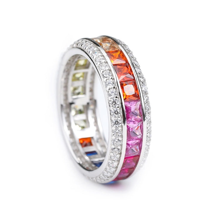 Sterling Silver Gradient Color Diamond Ring Hip Hop Fashion Food Ring For Men