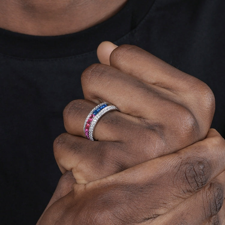 Sterling Silver Gradient Color Diamond Ring Hip Hop Fashion Food Ring For Men