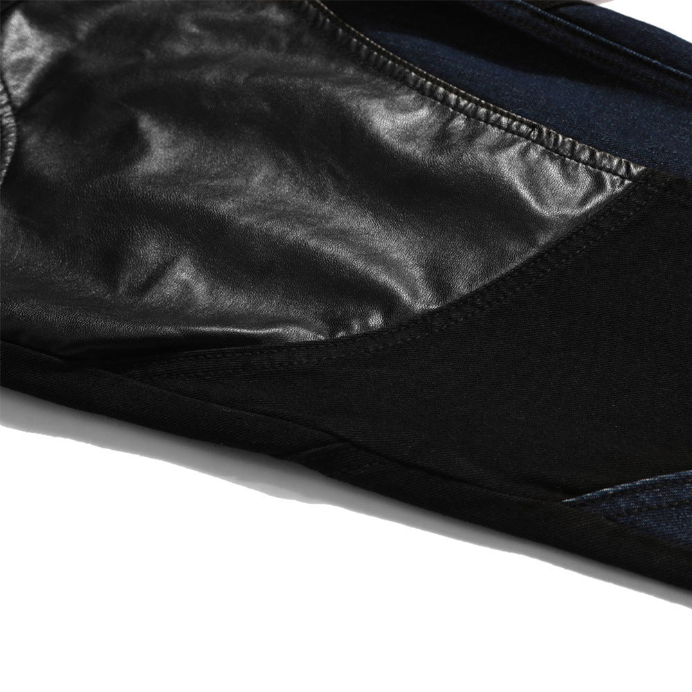 Men's Fashionable PU Leather Stitching Colorblock Jeans