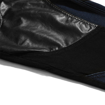 Men's Fashionable PU Leather Stitching Colorblock Jeans