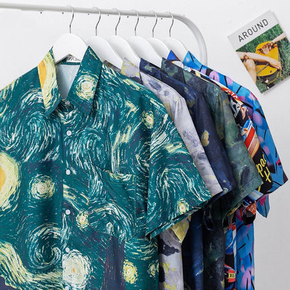 Retro Abstract Oil Painting Full Print Short Sleeve Shirt