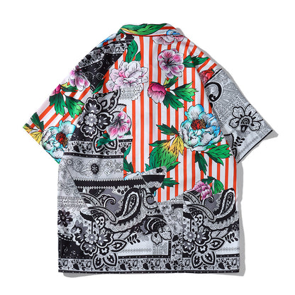 Big White Flower Full Print Shirt Beach Cardigan Short Sleeve Man