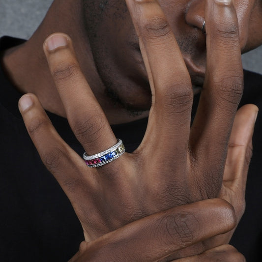 Sterling Silver Gradient Color Diamond Ring Hip Hop Fashion Food Ring For Men